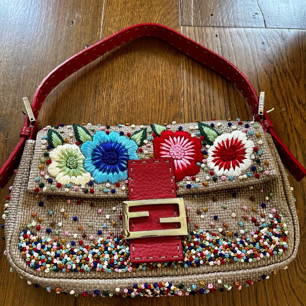Rare fendi embroidered beaded baquette bag